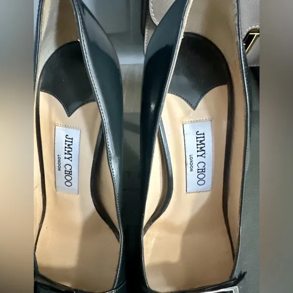 Jimmy Choo Metallic Gray Patent Leather Double Buckle Pumps
