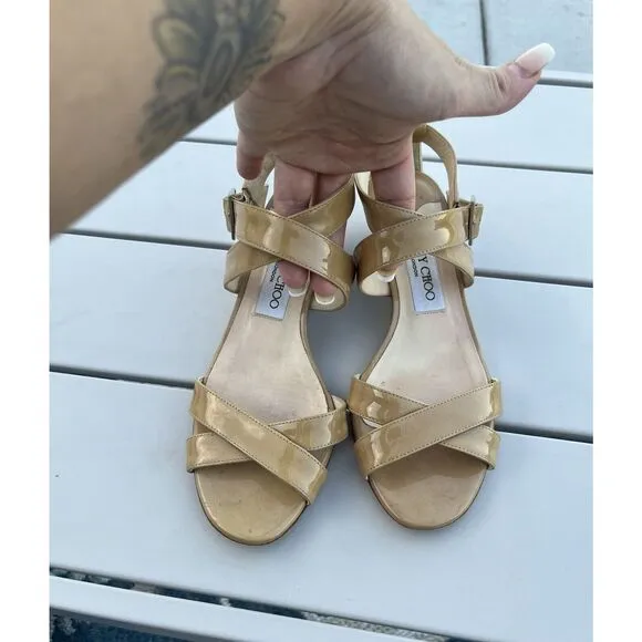 Jimmy Choo Patent Leather Wedge Sandal Size 35.5/ US 5 - Beige