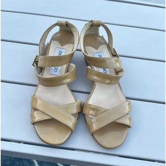 Jimmy Choo Patent Leather Wedge Sandal Size 35.5/ US 5 - Beige