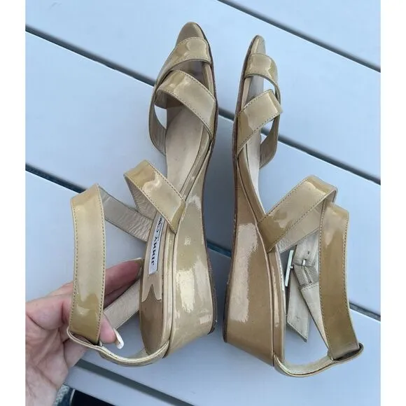 Jimmy Choo Patent Leather Wedge Sandal Size 35.5/ US 5 - Beige