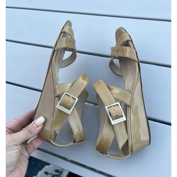 Jimmy Choo Patent Leather Wedge Sandal Size 35.5/ US 5 - Beige
