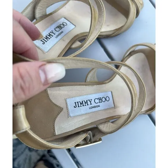 Jimmy Choo Patent Leather Wedge Sandal Size 35.5/ US 5 - Beige