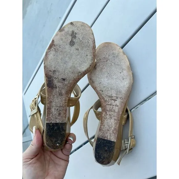 Jimmy Choo Patent Leather Wedge Sandal Size 35.5/ US 5 - Beige