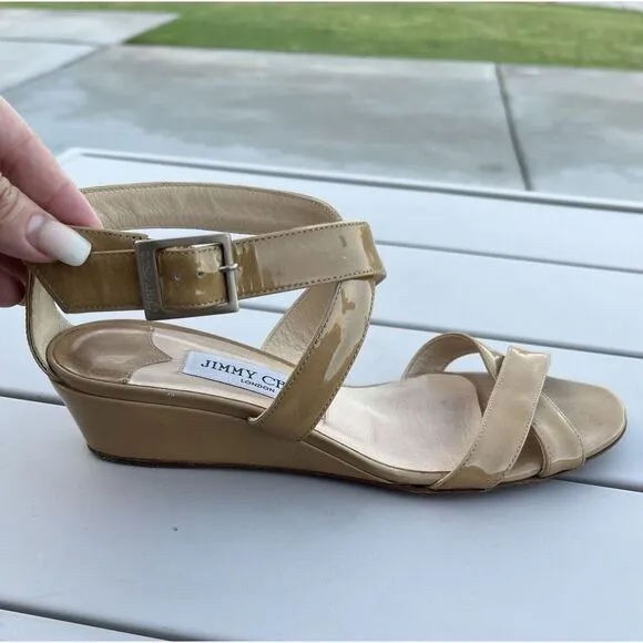 Jimmy Choo Patent Leather Wedge Sandal Size 35.5/ US 5 - Beige