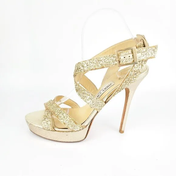 Jimmy Choo VAMP Gold Glitter Multistrap Strappy Platform Sandals Size 39.5
