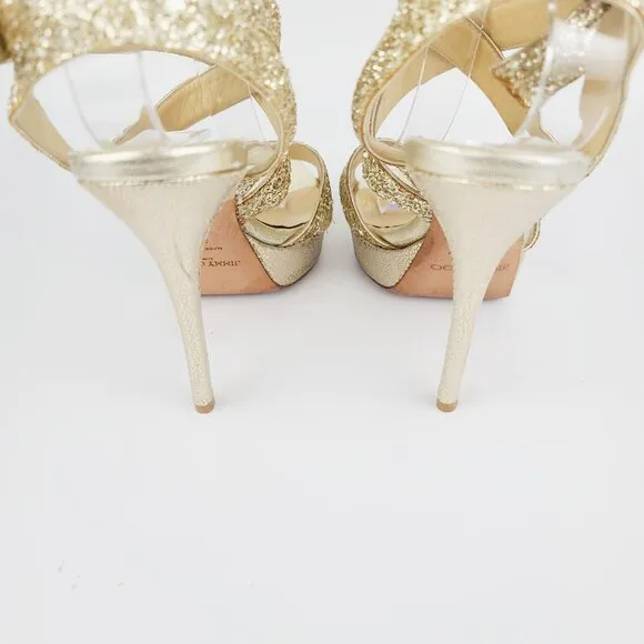 Jimmy Choo VAMP Gold Glitter Multistrap Strappy Platform Sandals Size 39.5