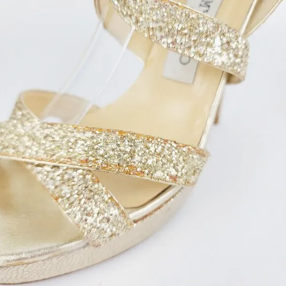 Jimmy Choo VAMP Gold Glitter Multistrap Strappy Platform Sandals Size 39.5