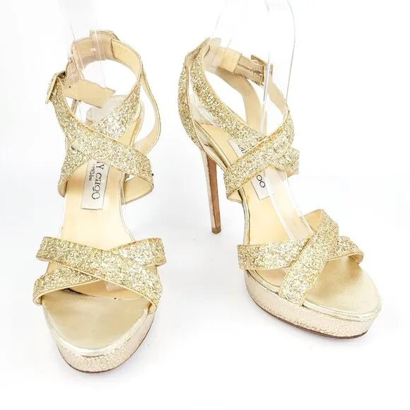 Jimmy Choo VAMP Gold Glitter Multistrap Strappy Platform Sandals Size 39.5