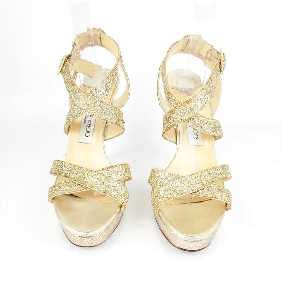 Jimmy Choo VAMP Gold Glitter Multistrap Strappy Platform Sandals Size 39.5