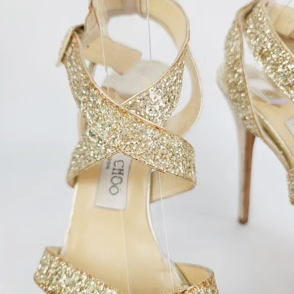 Jimmy Choo VAMP Gold Glitter Multistrap Strappy Platform Sandals Size 39.5