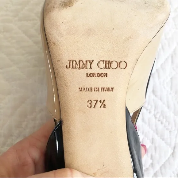 Jimmy Choo Vero Peep Toe Nude Black Patent Heels