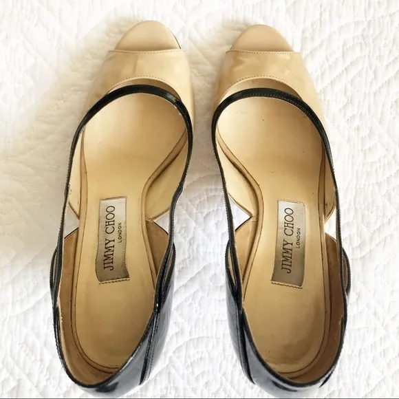 Jimmy Choo Vero Peep Toe Nude Black Patent Heels
