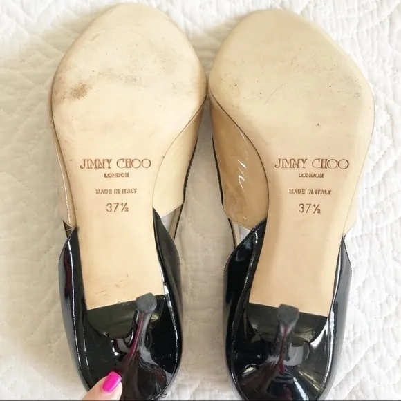Jimmy Choo Vero Peep Toe Nude Black Patent Heels