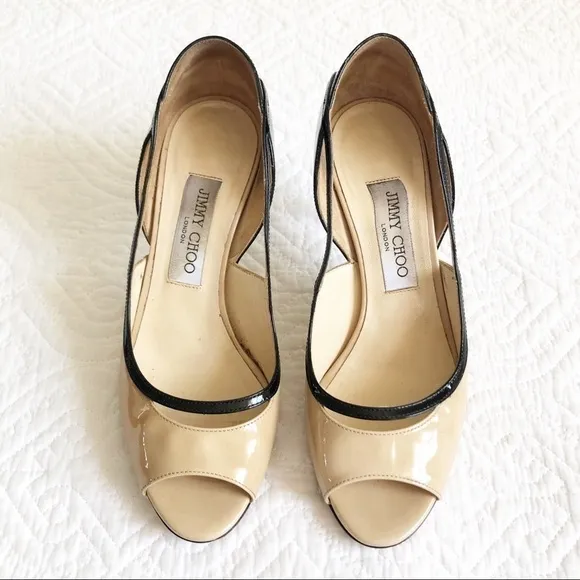 Jimmy Choo Vero Peep Toe Nude Black Patent Heels