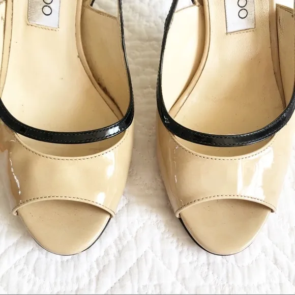 Jimmy Choo Vero Peep Toe Nude Black Patent Heels