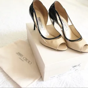 Jimmy Choo Vero Peep Toe Nude Black Patent Heels