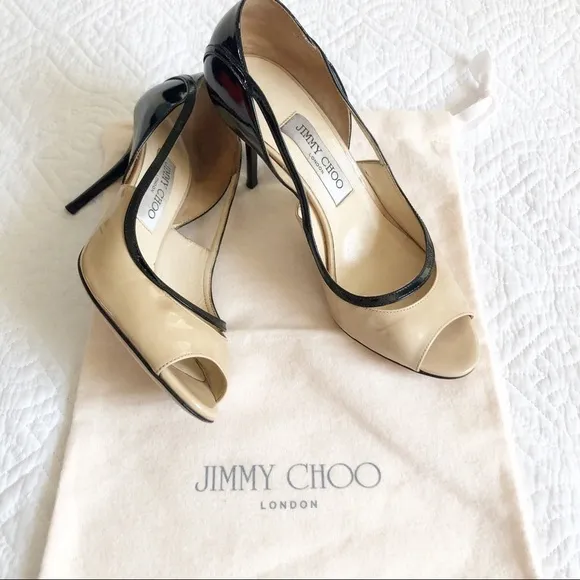Jimmy Choo Vero Peep Toe Nude Black Patent Heels