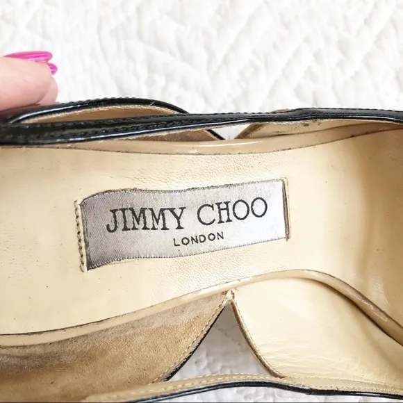 Jimmy Choo Vero Peep Toe Nude Black Patent Heels