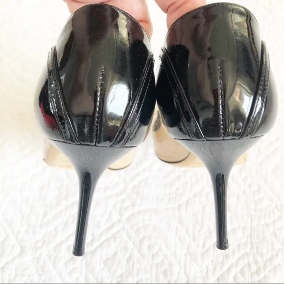 Jimmy Choo Vero Peep Toe Nude Black Patent Heels