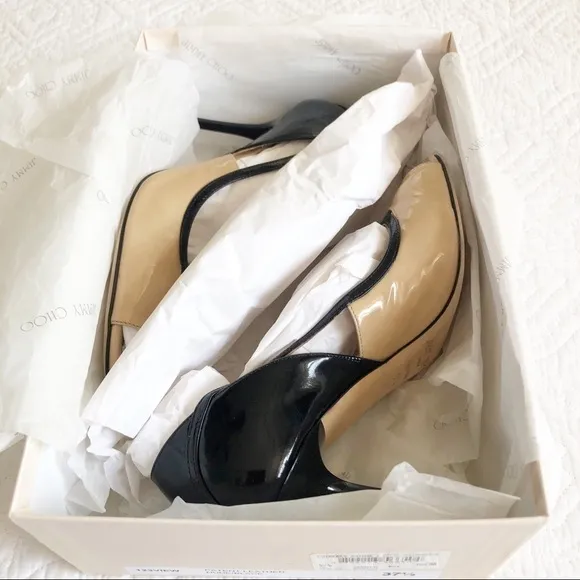 Jimmy Choo Vero Peep Toe Nude Black Patent Heels