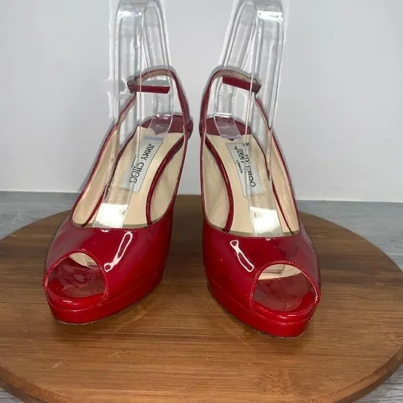 Jimmy Choo Patent Leather Slingback Pumps Heels Sandals Red Women’s size 38.5