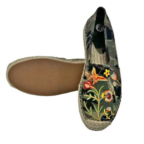 Johnny Was Floral Embroidered Espadrille Flat Shoes Green Size 6 NWOT