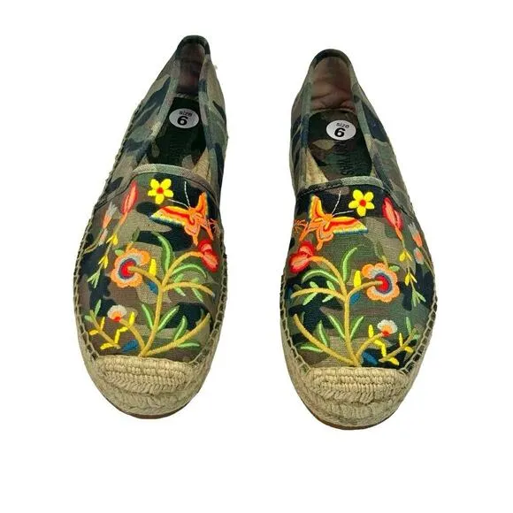 Johnny Was Floral Embroidered Espadrille Flat Shoes Green Size 6 NWOT