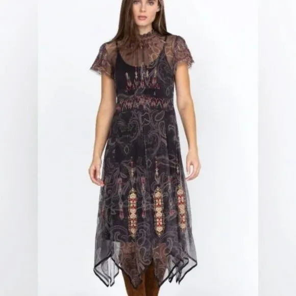 Johnny Was Leticia Embroidered Mesh Dress with Slip Size XL