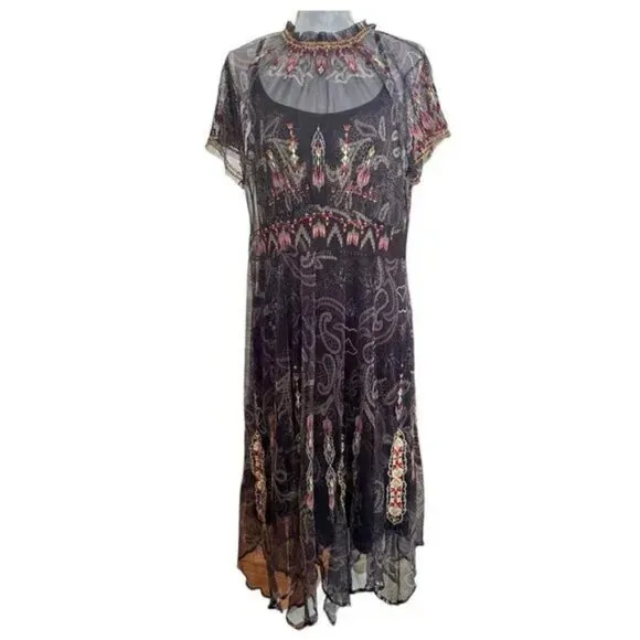 Johnny Was Leticia Embroidered Mesh Dress with Slip Size XL