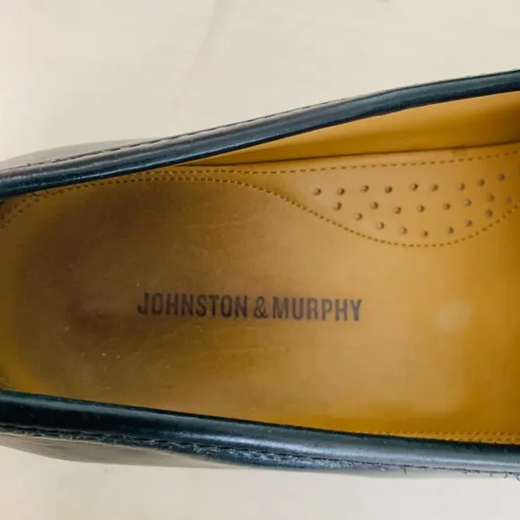 JOHNSTON AND MURPHY Slip on Hand Sewn Black Leather Basket Weave Top Loafer Styl