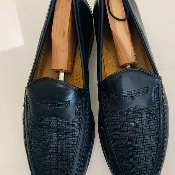 JOHNSTON AND MURPHY Slip on Hand Sewn Black Leather Basket Weave Top Loafer Styl