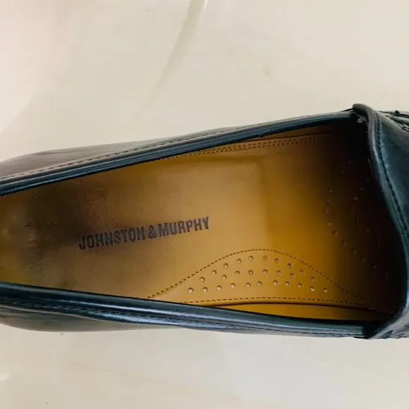 JOHNSTON AND MURPHY Slip on Hand Sewn Black Leather Basket Weave Top Loafer Styl