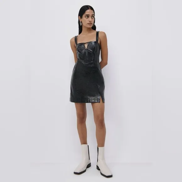JONATHAN SIMKHAI Abra Patent Crinkle Vegan Leather Bustier Mini Dress, Black, XS