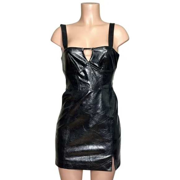 JONATHAN SIMKHAI Abra Patent Crinkle Vegan Leather Bustier Mini Dress, Black, XS