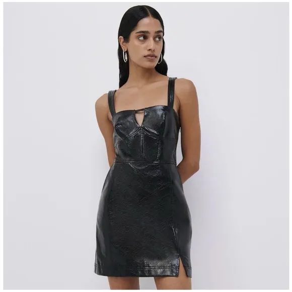 JONATHAN SIMKHAI Abra Patent Crinkle Vegan Leather Bustier Mini Dress, Black, XS