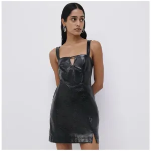 JONATHAN SIMKHAI Abra Patent Crinkle Vegan Leather Bustier Mini Dress, Black, XS
