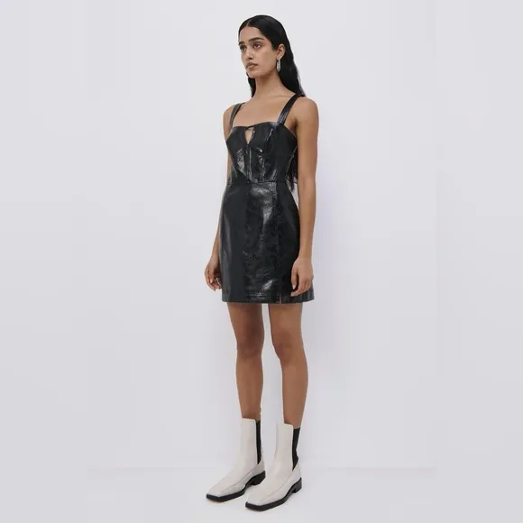 JONATHAN SIMKHAI Abra Patent Crinkle Vegan Leather Bustier Mini Dress, Black, XS