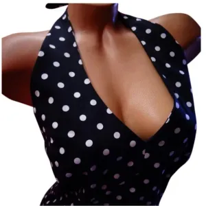Jones New York halter dress navy blue white polka dot wiggle pinup tie cotton 14