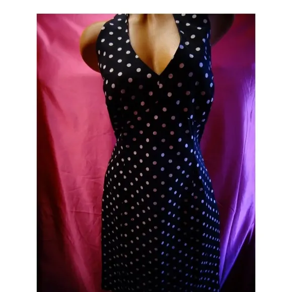 Jones New York halter dress navy blue white polka dot wiggle pinup tie cotton 14