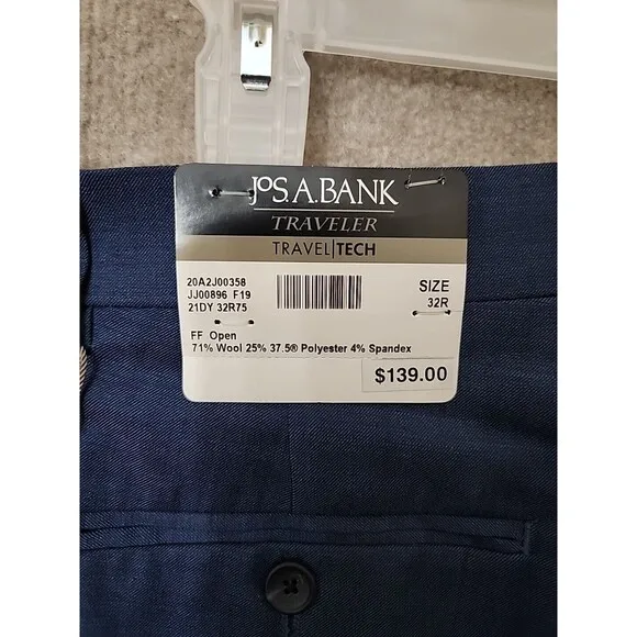 Jos A Bank Slim Fit Traveler Dress Pants Mens 32 Regular Blue Unhemmed Wool NEW