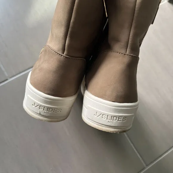 J/SLIDES Henley Booties Taupe Waterproof Nubuck Faux Fur Side Zippers Boots
