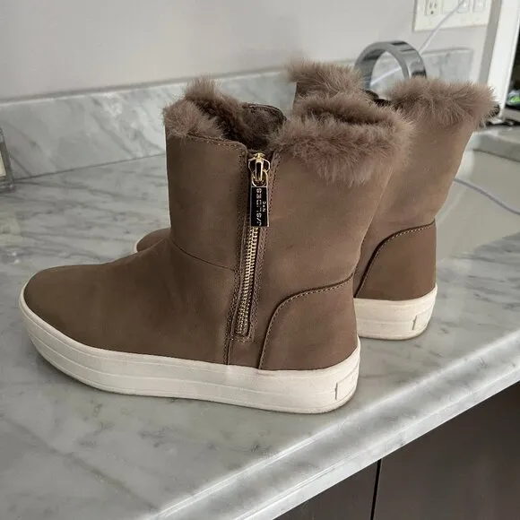 J/SLIDES Henley Booties Taupe Waterproof Nubuck Faux Fur Side Zippers Boots