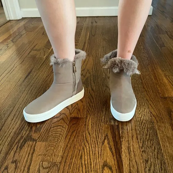 J/SLIDES Henley Booties Taupe Waterproof Nubuck Faux Fur Side Zippers Boots