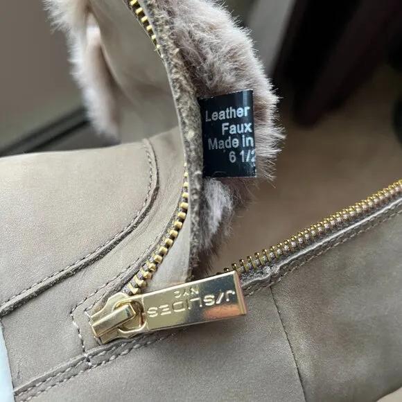 J/SLIDES Henley Booties Taupe Waterproof Nubuck Faux Fur Side Zippers Boots