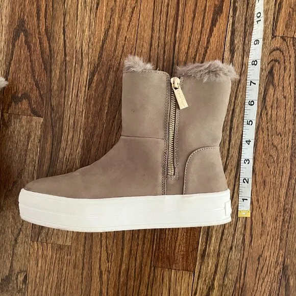 J/SLIDES Henley Booties Taupe Waterproof Nubuck Faux Fur Side Zippers Boots
