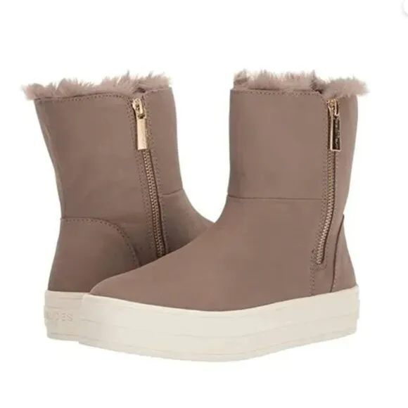 J/SLIDES Henley Booties Taupe Waterproof Nubuck Faux Fur Side Zippers Boots
