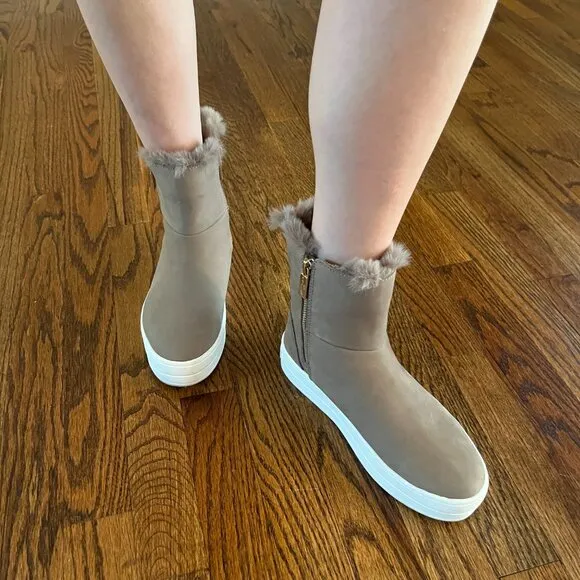 J/SLIDES Henley Booties Taupe Waterproof Nubuck Faux Fur Side Zippers Boots