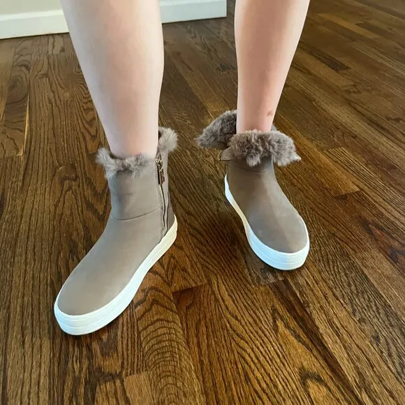 J/SLIDES Henley Booties Taupe Waterproof Nubuck Faux Fur Side Zippers Boots