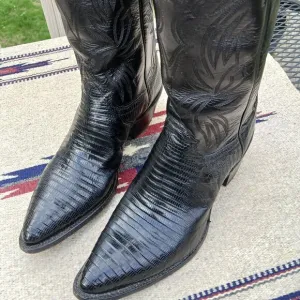JUSTIN COWBOY WESTERN BOOTS VINTAGE 80'S BLACK LIZARD/LEATHER 7 1/2B STYLE L4705