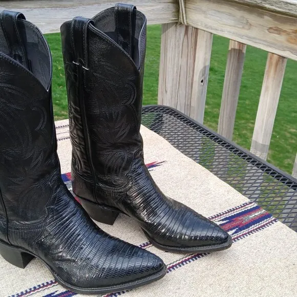 JUSTIN COWBOY WESTERN BOOTS VINTAGE 80'S BLACK LIZARD/LEATHER 7 1/2B STYLE L4705